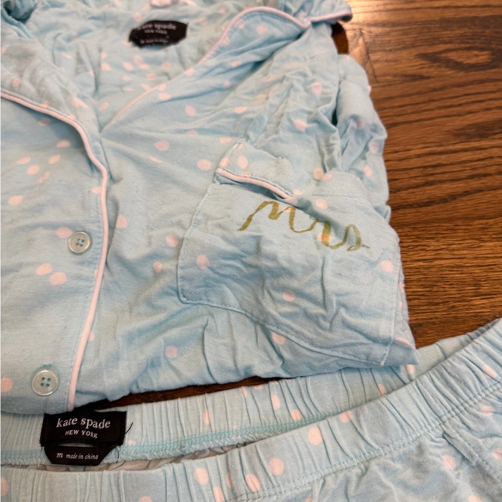 Kate Spade Light Blue Pajama Set with Pink Dots